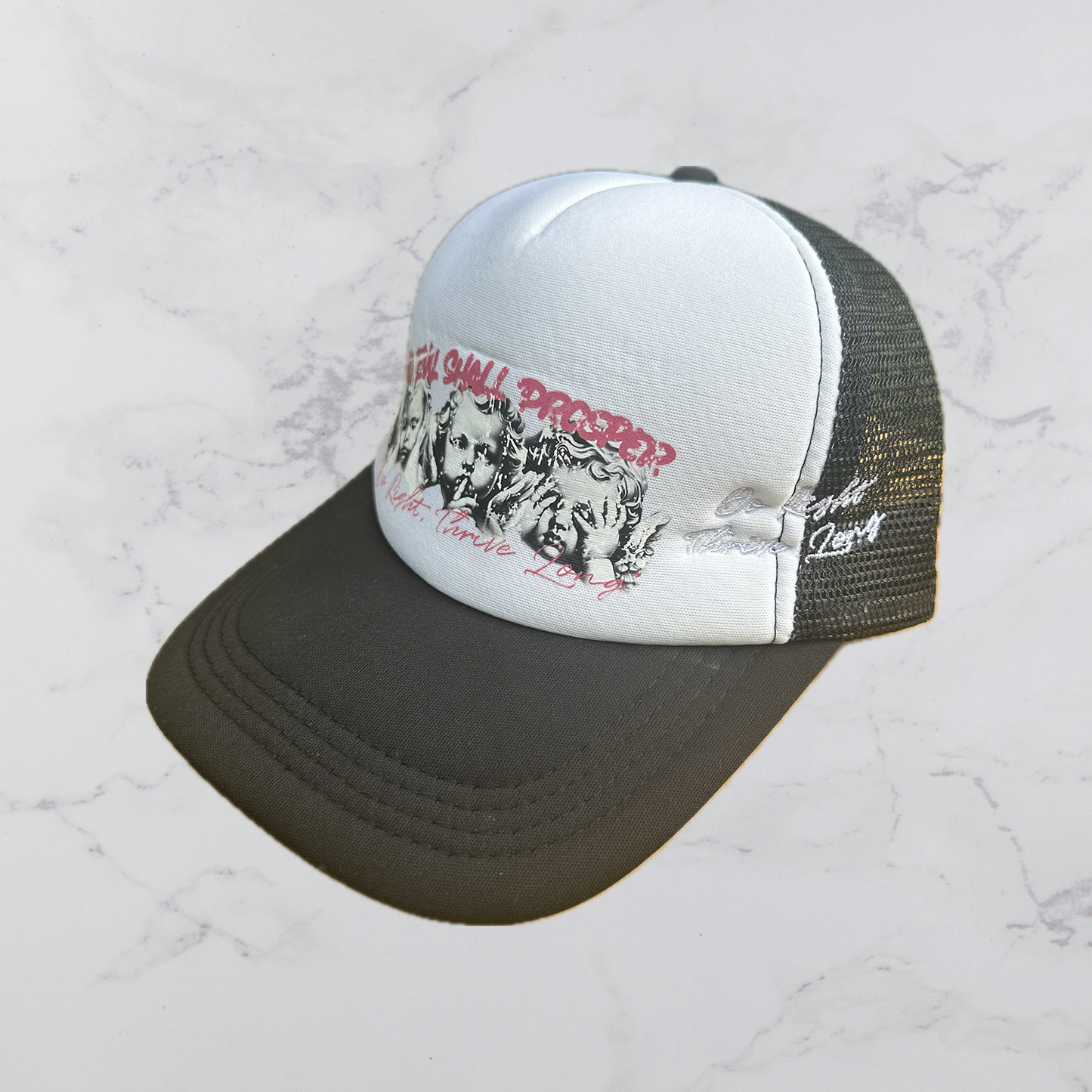 "DO RIGHT, THRIVE LONG" TRUCKER HAT (BLACK/PINK)