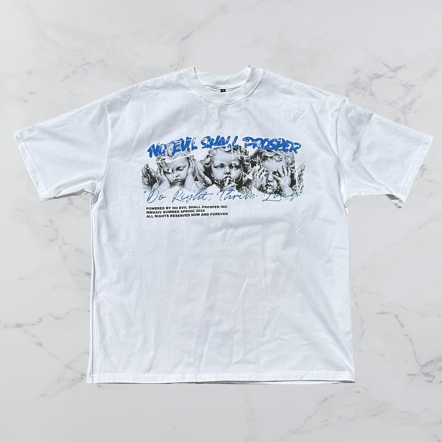 "DO RIGHT, THRIVE LONG" TEE (WHITE/BLUE)